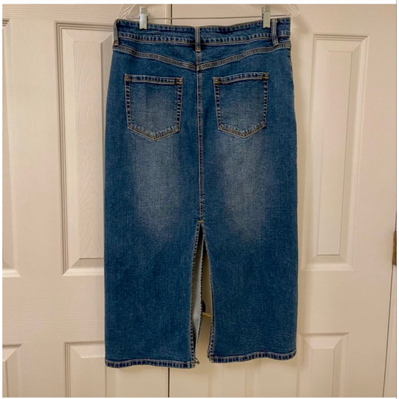 INC Blue Denim Stretch Midi Skirt 14P Boho Western Dark Wash Slit Jean - Picture 6 of 11
